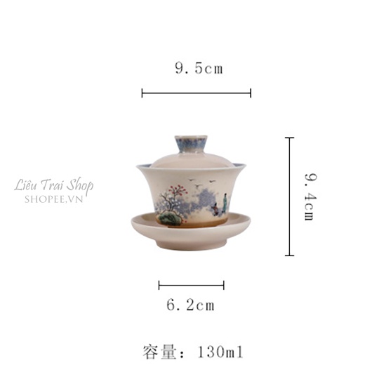 Chén khải tiềm trà men Nhữ Diêu ly pha trà có nắp ly trà tàu hoa văn vẽ tay 130ml