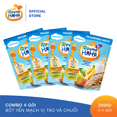 Combo 4 Gói Bột ăn dặm yến mạch chuối táo Fruto Nyanya 200g/gói