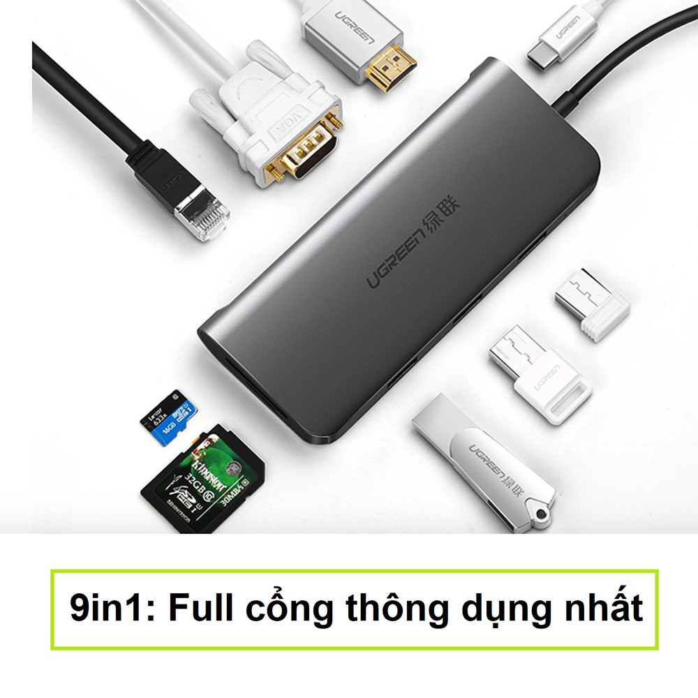 [Mã 151ELSALE hoàn 7% đơn 300K] HUB USB Type C To HDMI, VGA, USB 3.0, Lan, SD, USB-C Ugreen 40873