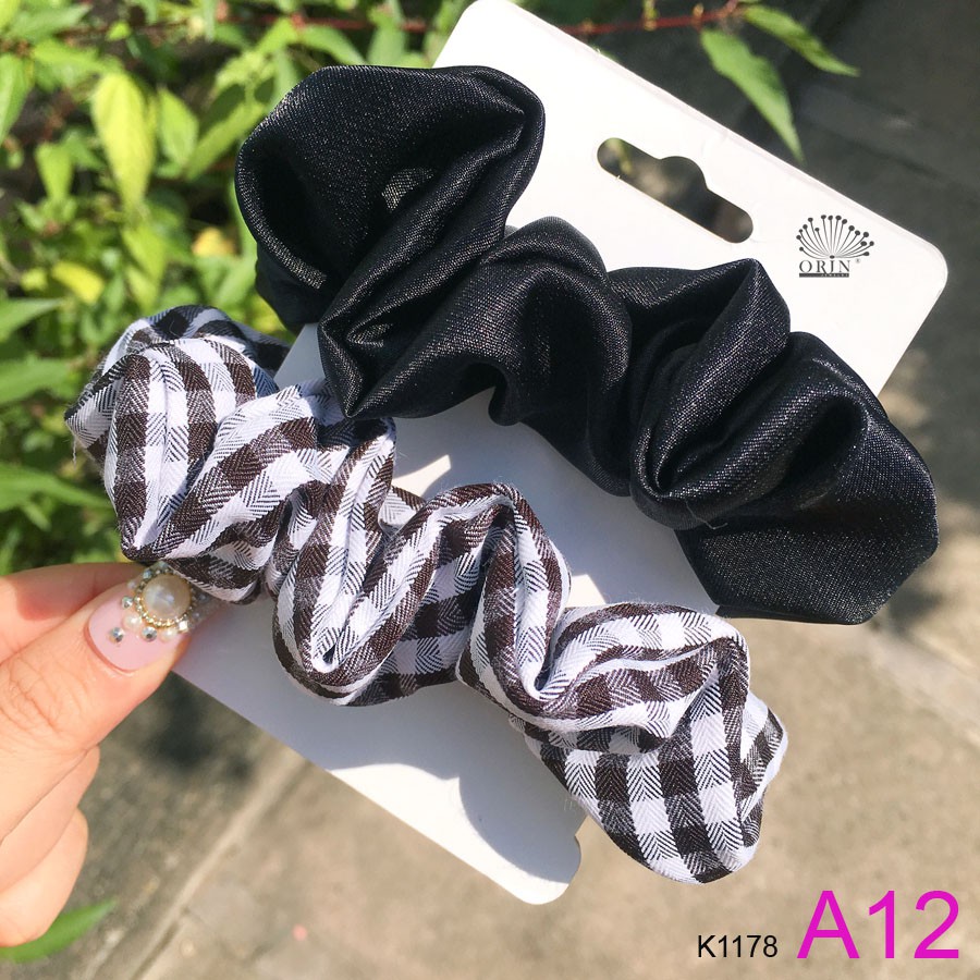 Set 2 dây buộc tóc, dây cột tóc scrunchies caro phi bóng siêu xinh Orin K1178 K1179