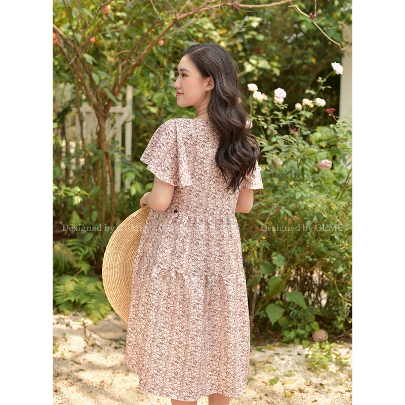 Váy Bầu Công Sở - Đầm Bầu GUME hoa nâu dáng babadoll tay chuông cổ vuông chất vải đũi tơ size từ 40-100kg  GM020