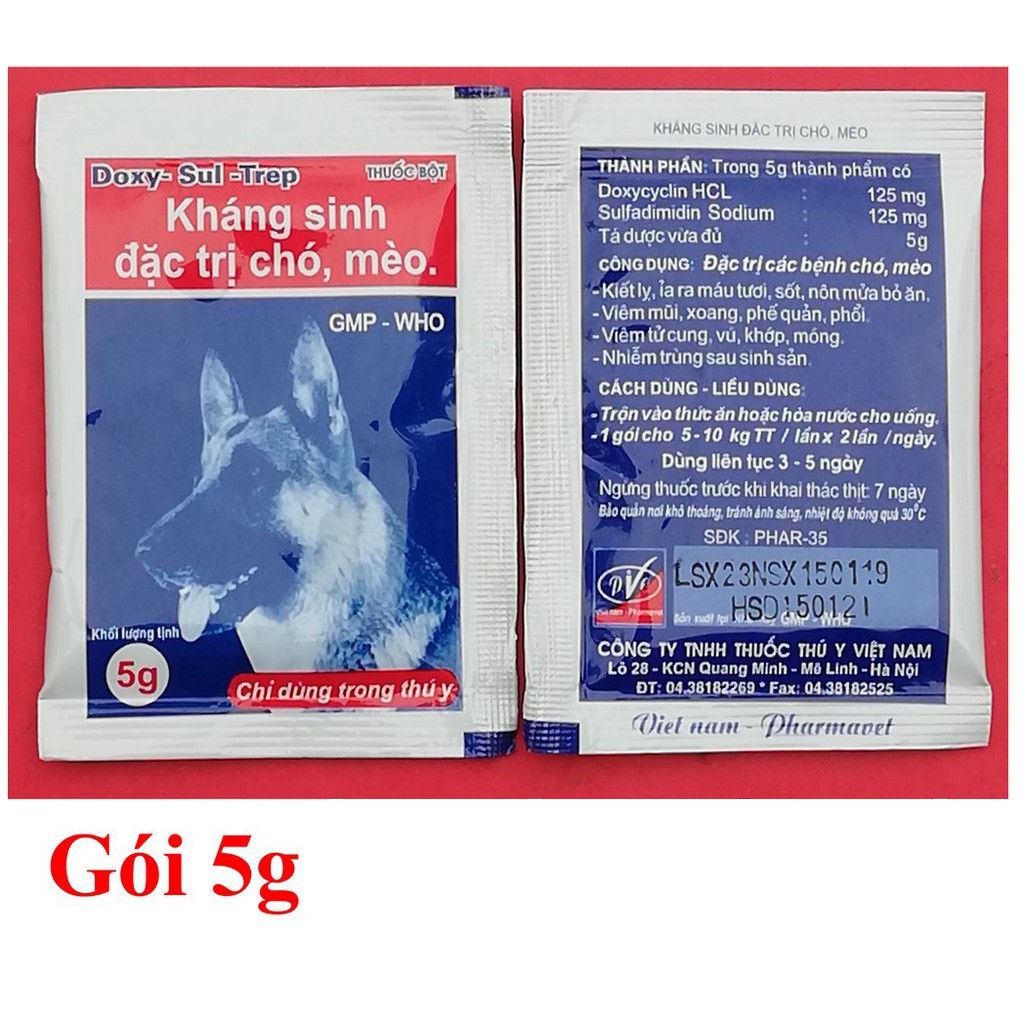 Doremiu - Doxy Sul Trep gói 5gr Kháng sinh chó mèo - đi ỉa kiết lị chó dạng uống