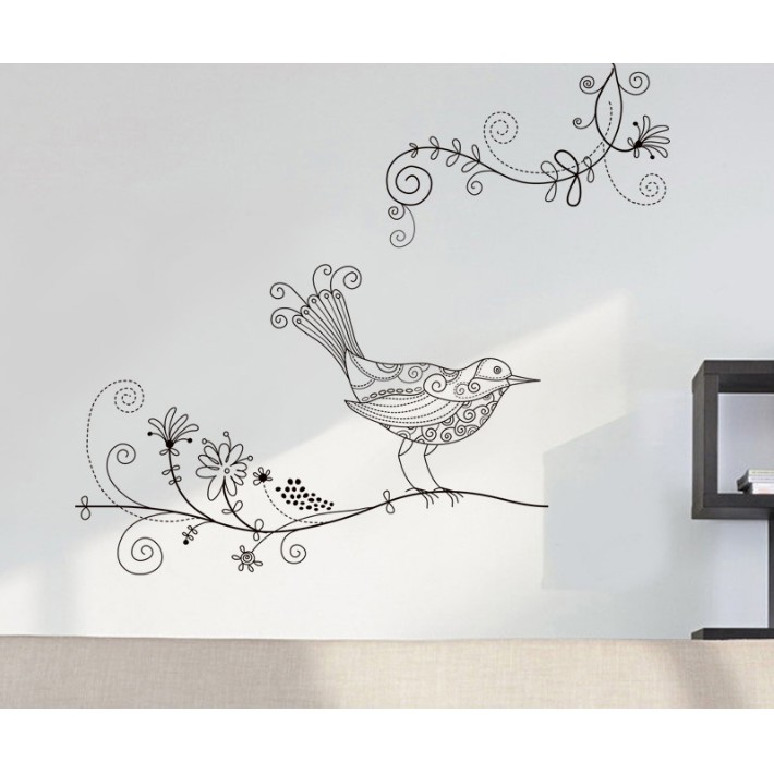 Decal dán tường / kính cao cấp - Chim Hoa văn tinh tế ( 60x58 )