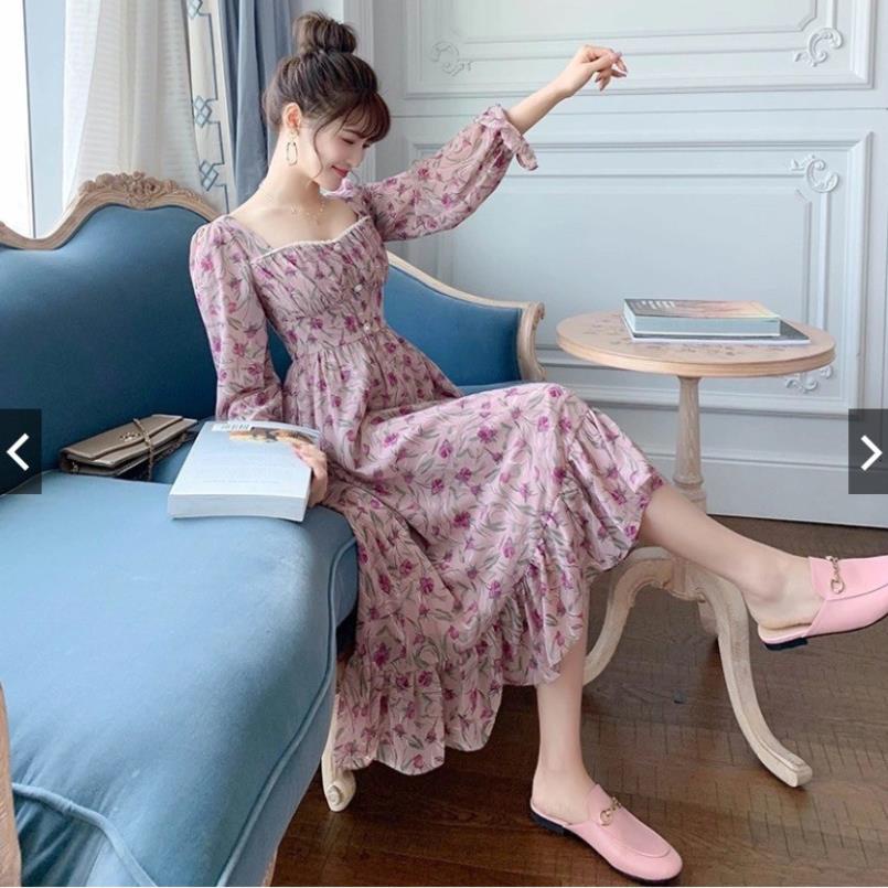 ✨HOT✨ Váy đầm liền midi hoa nhí dáng dài vải voan ulzzang Hàn Quốc