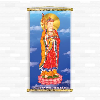 Tranh Liễn Phật Giáo - Địa Tạng Vương Bồ Tát 2021 - Vải Canvas nẹp sáo gỗ tự nhiên, nhiều size, tặng móc khóa, vòng tay