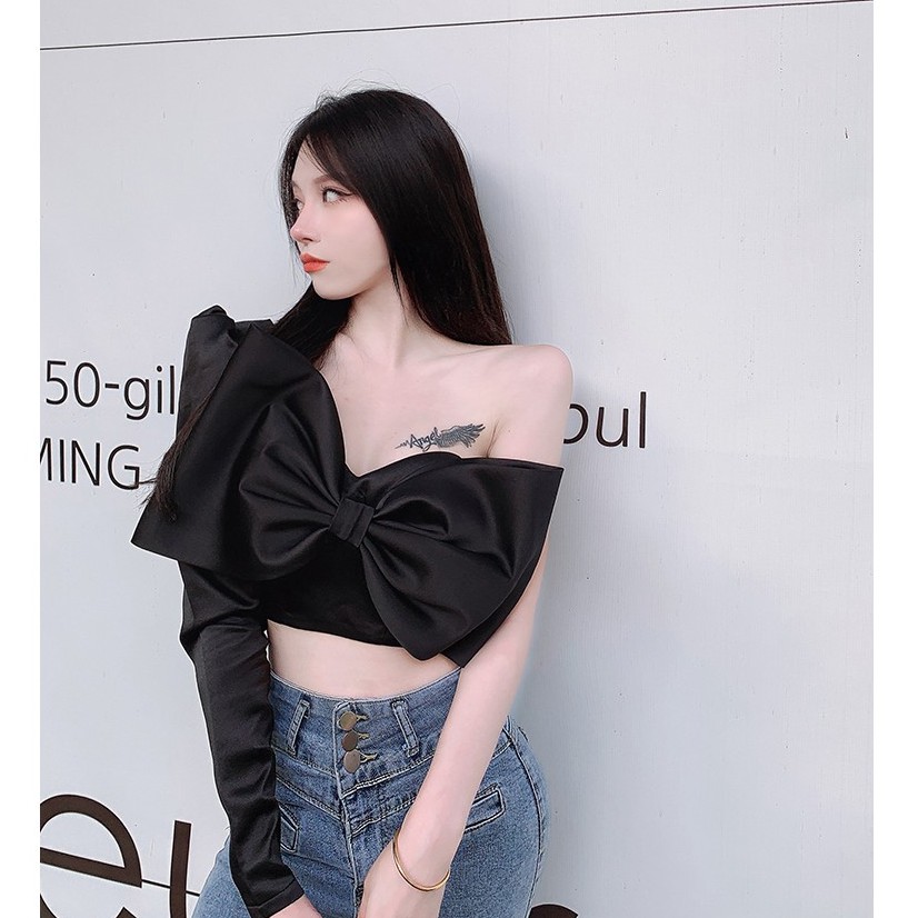 Ulzzang ( 얼짱) - ÁO SƠ MI LỆCH TAY HỌA TIẾT ĐÍNH NƠ (CHẤT KHỎI BÀN)