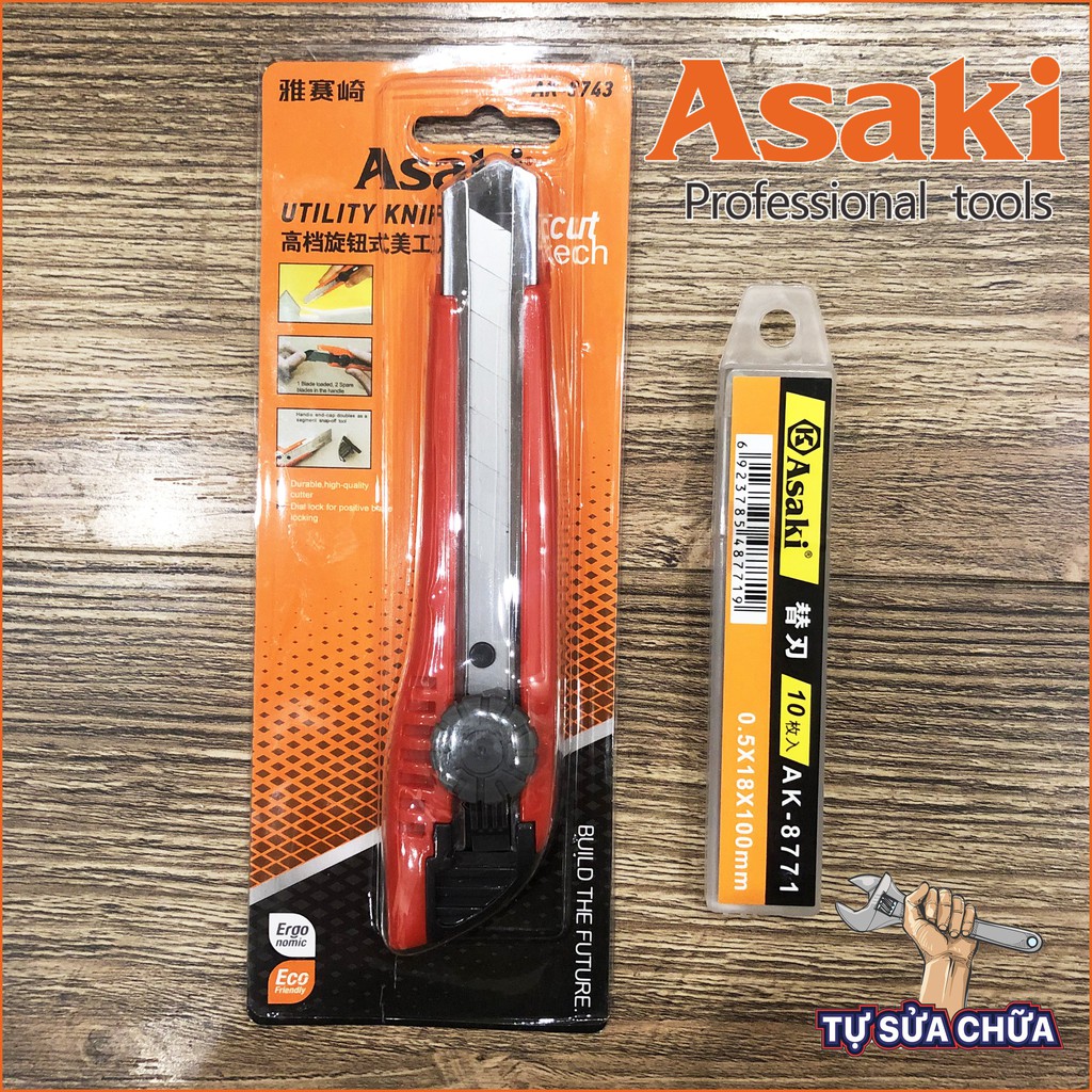 Dao rọc giấy lớn Asaki AK-8743 tặng 10 lưỡi dao kèm theo