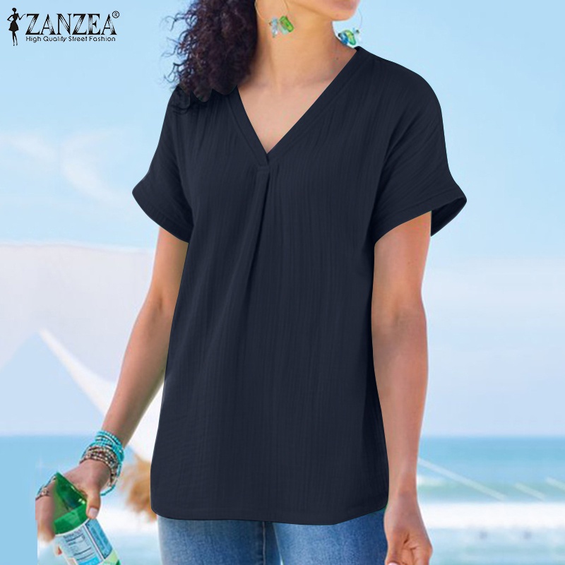 Áo thun ZANZEA ngắn tay cổ chữ V màu trơn đơn giản dễ phối đồ cho nữ