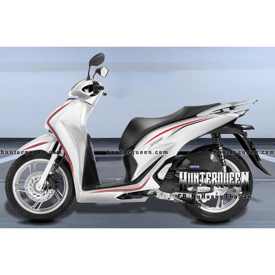 Tem xe SH 2020. Xe trắng, tem chỉ màu đỏ đen. Mẫu chế đơn giản, sang trọng