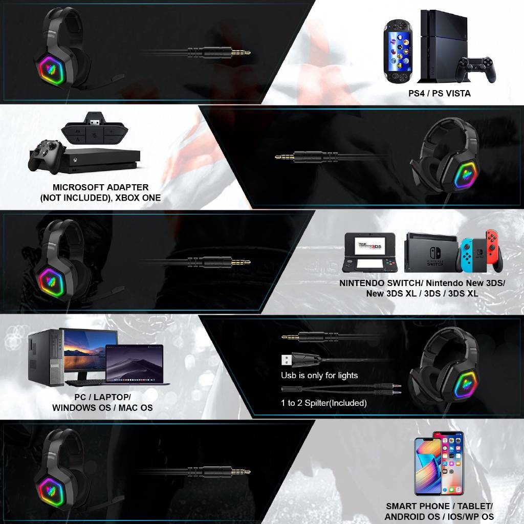 Tai nghe chơi game chụp tai có dây Màu đen ONIKUMA K10 có Đèn RGB mic, Headphone Gaming cho máy tính xách tay PC Laptop