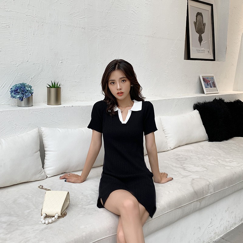 Đầm polo thun dệt dáng ôm cổ trắng - D738 | BigBuy360 - bigbuy360.vn