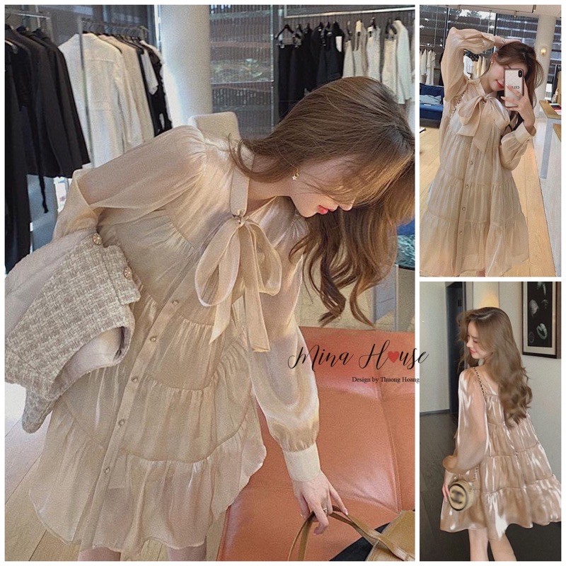 Váy babydoll lụa xếp tầng thắt nơ / mina’s house