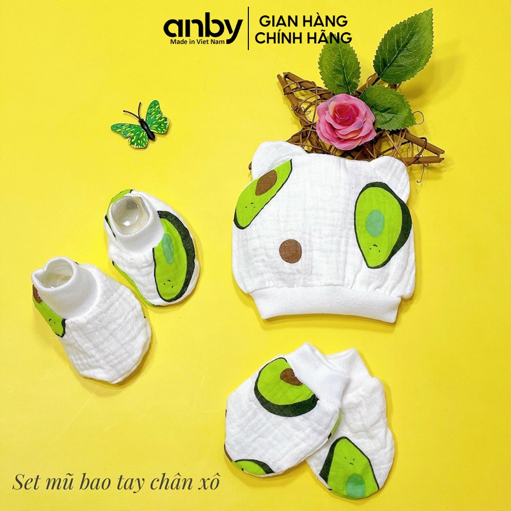 Set bao chân tay và mũ đội bảo vệ đầu cho bé sơ sinh ANBY vải xô họa tiết đáng yêu