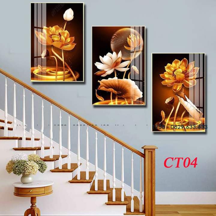 [Xưởng tuyển đại lý] - Bộ tranh tráng gương ánh kim 3 bức treo cầu thang có khung phong cách hiện đại