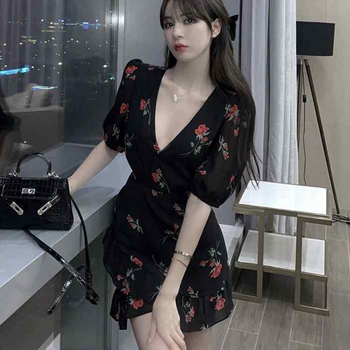 Đầm Ngắn Cổ Chữ V In Họa Tiết Hoa Phong Cách Pháp Thời Trang Mùa Hè Hàng Mới