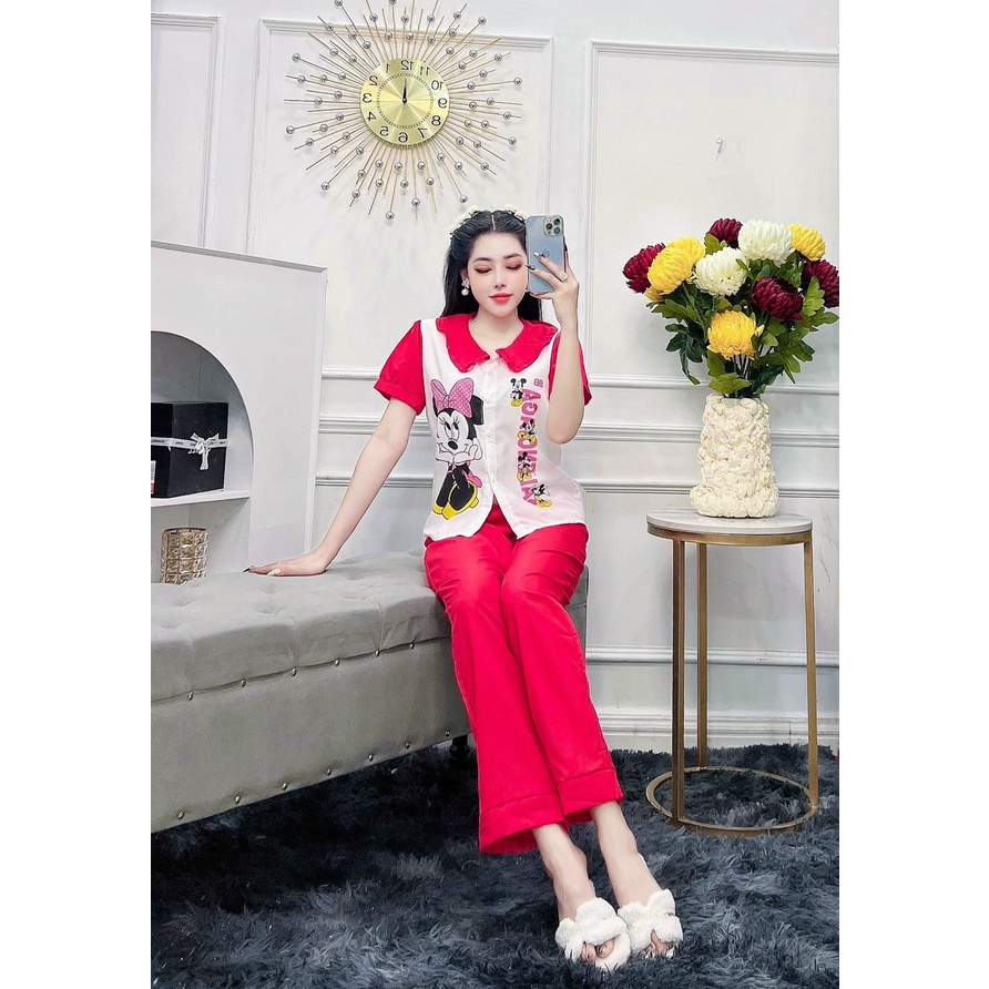 Đồ Bộ Pijama Tay Ngắn quần dài vải kate lụa họa tiết mickey siêu xinh freesize dưới 57kg