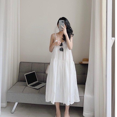 Váy Nữ Hai Dây Dáng Suông Xòe 3 Tầng Đầm Nữ 2 Dây Xanh Lá Hottrend Freesize Phong Cách Hàn Quốc