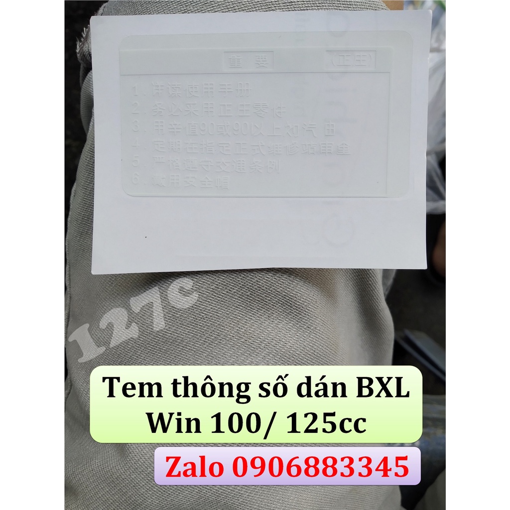Tem thông số dán bình xăng lớn Win 100/ 125cc