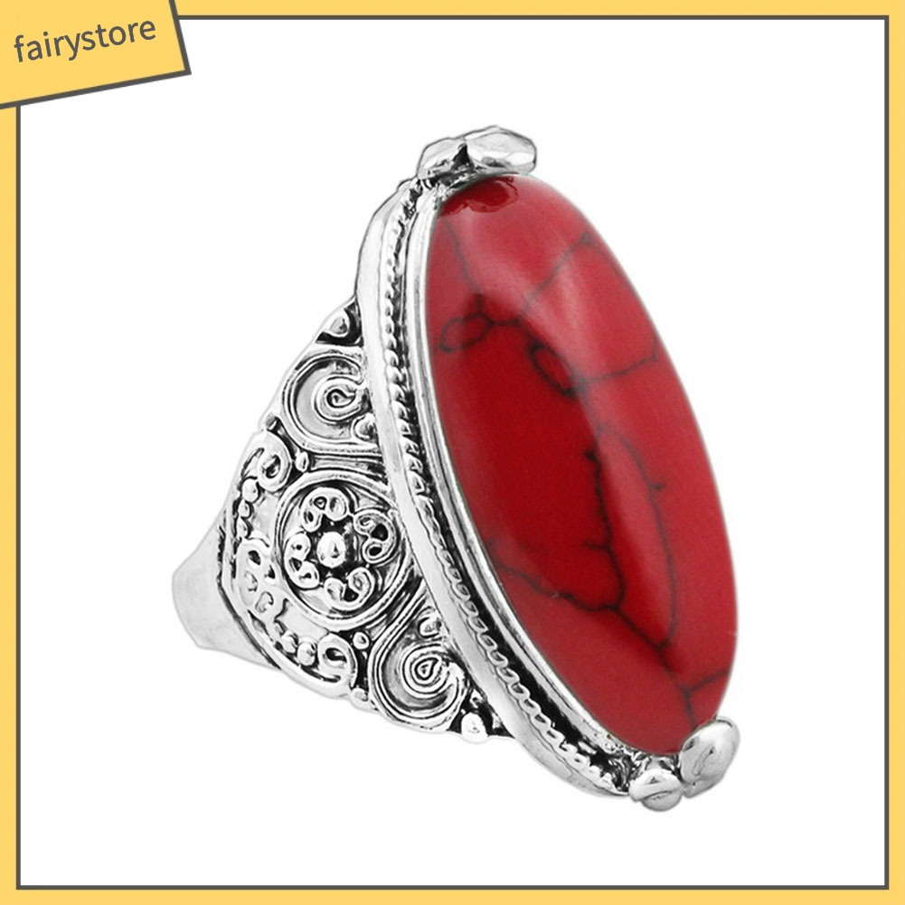 FS_Women Boho Vintage Oval Turquoise Antique Silver Plated Carving Ring Jewelry
