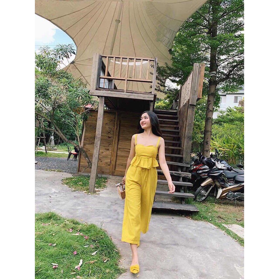 Bộ jumpsuit nữ quần ống rộng áo hai dây tây ngắn thời trang xuân hè thu đông J45