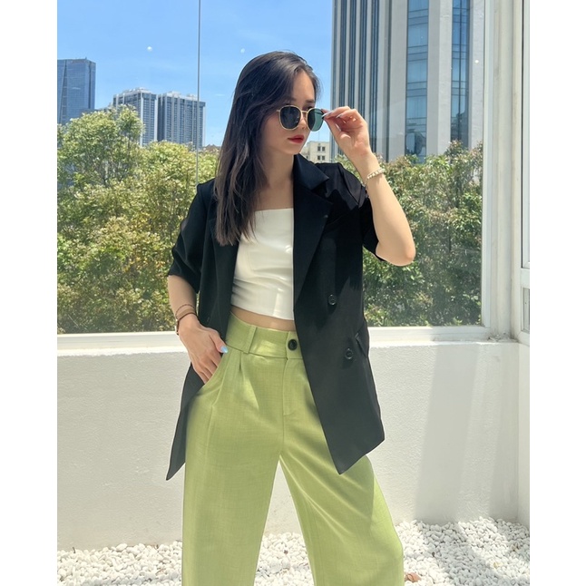 Áo khoác blazer nữ cộc tay dáng dài 4 khuy ngang hàng thiết kế Huien Design form Hàn Quốc thời trang thanh lịch | BigBuy360 - bigbuy360.vn