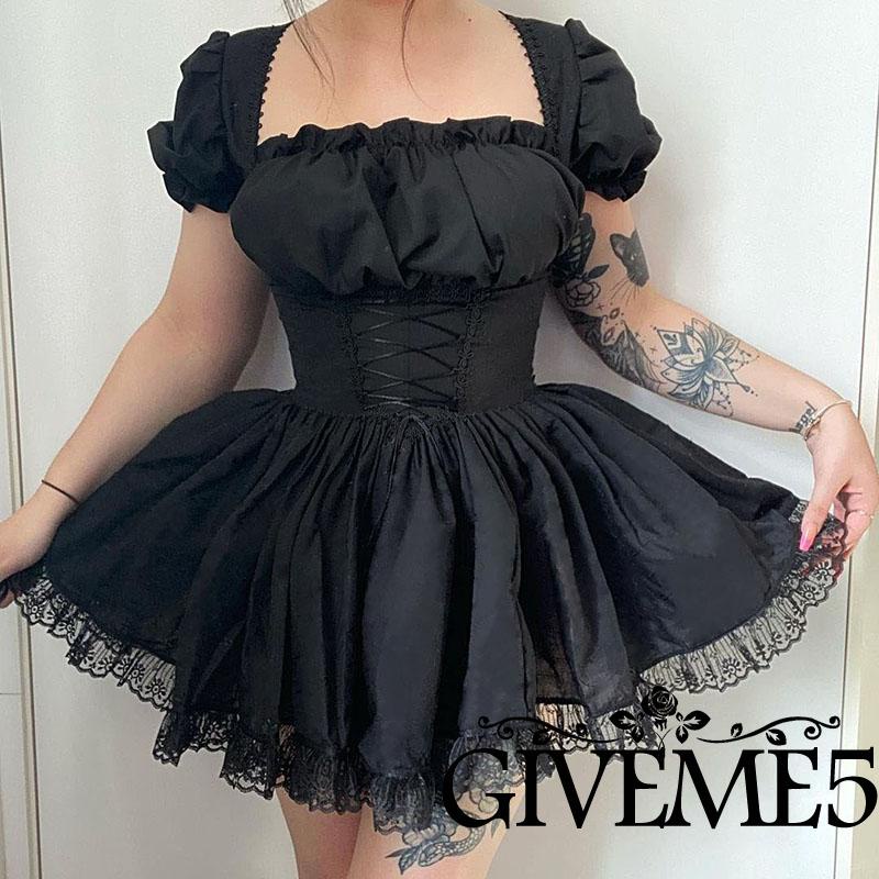 Đầm chữ A tay phồng màu trơn phối ren thời trang cho nữ