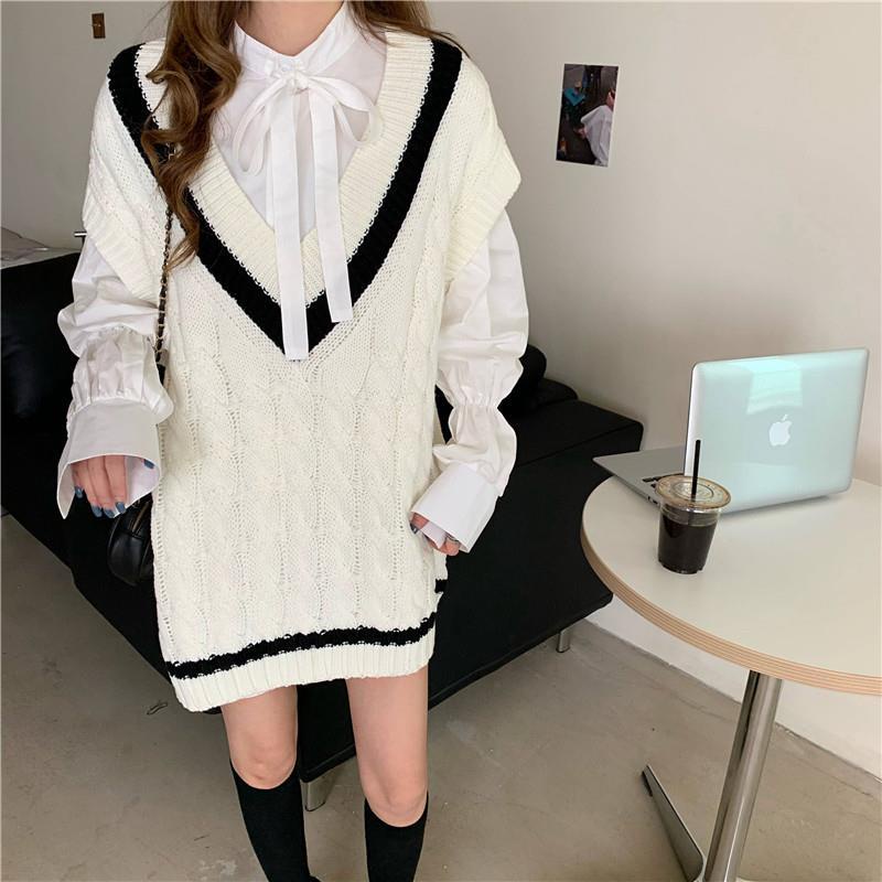 Bộ áo sơ mi thắt nơ + áo len không tay phong cách Hàn Quốc 2022