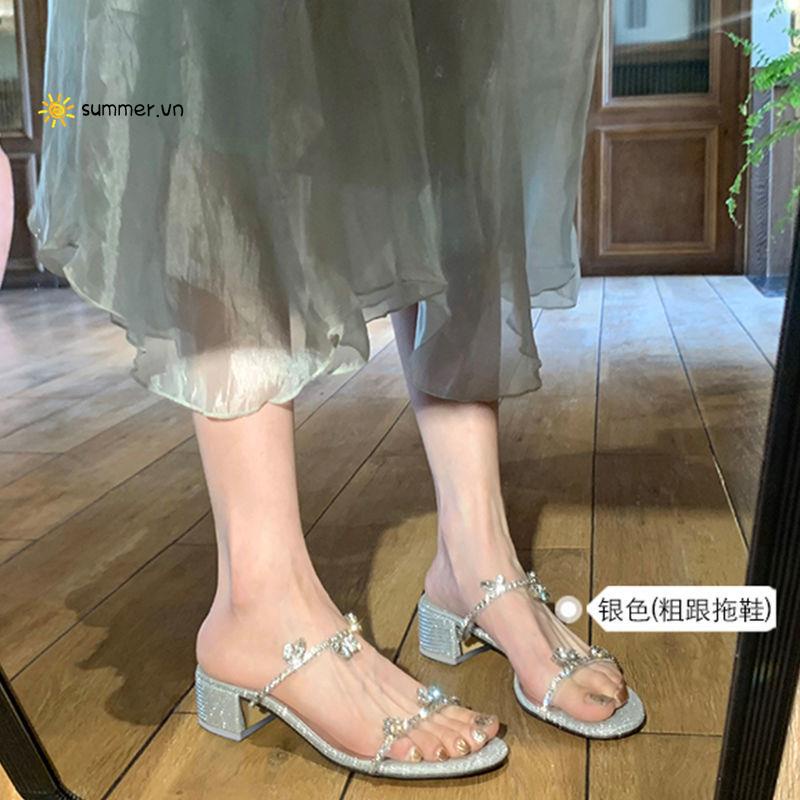 Dép Sandal Cao Gót Hở Ngón Đính Đá Phong Cách Pháp Mẫu Mới 2022 Thời Trang Mùa Hè Cho Nữ