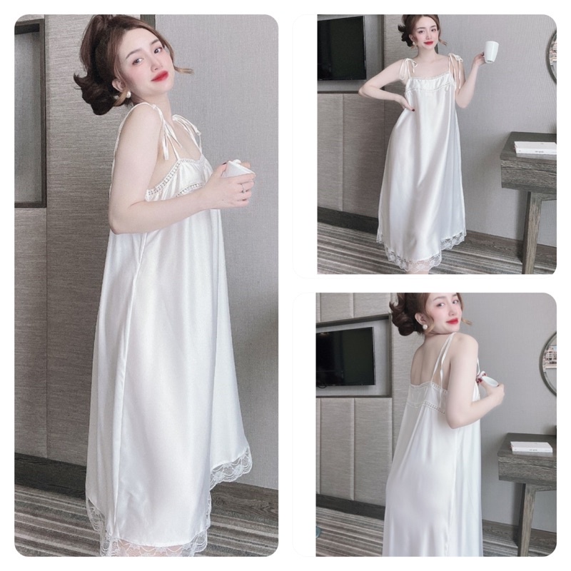 Váy Ngủ Nữ Sexy Nữ, Đầm Ngủ Nữ 2 Dây lụa Latin phối ren, Freesize 40_70kg, tuỳ chiều cao