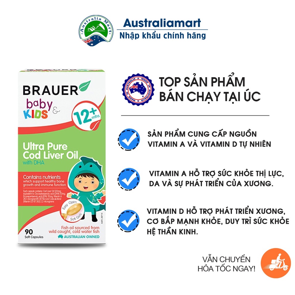 Dầu Gan Cá Tuyết Siêu Tinh Khiết Brauer 90 Viên cho bé trên 1 tuổi