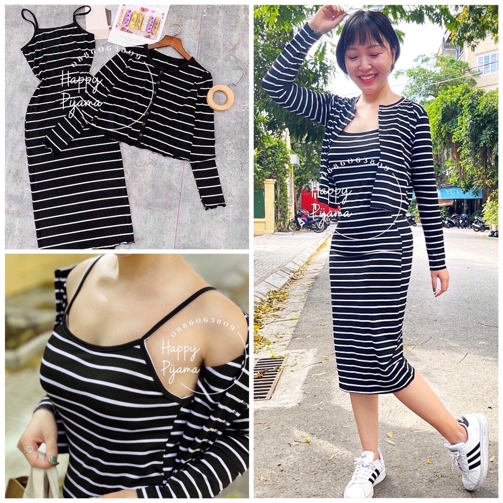 Set Váy Maxi Kẻ Sọc Dáng Body Kèm Áo Khoác Cực HOT
