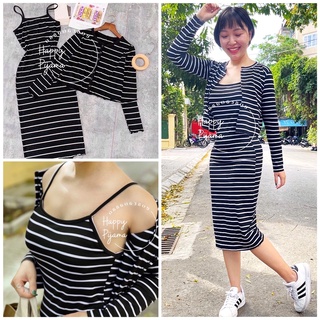 Set Váy Maxi Kẻ Sọc Dáng Body Kèm Áo Khoác Cực HOT