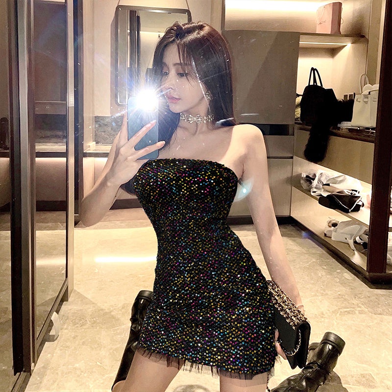 Đầm Ngắn Ôm Hông Co Giãn Đính Kim Sa Lấp Lánh Thời Trang Xuân Thu Quyến Rũ Cho Nữ