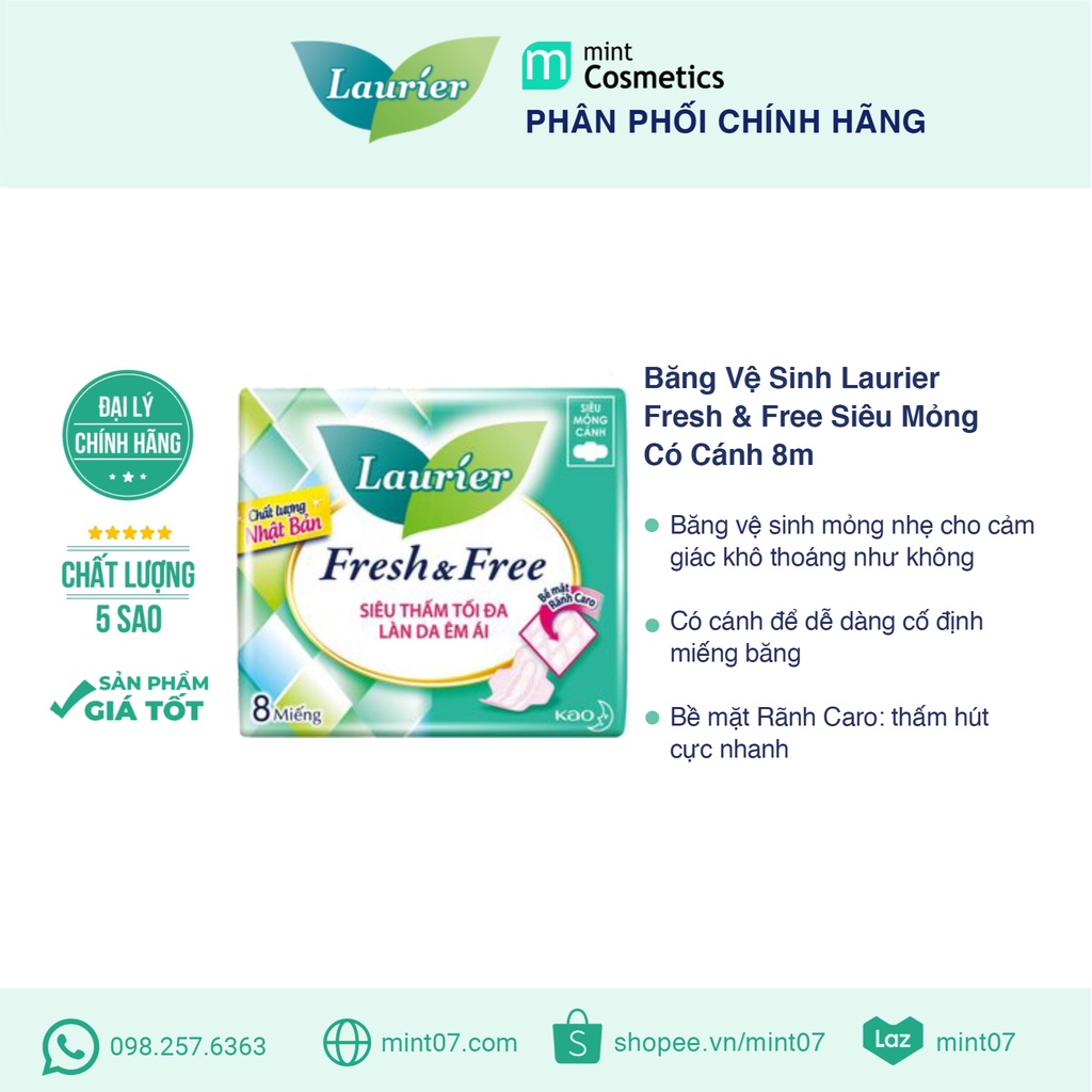 Băng Vệ Sinh Laurier Fresh &amp; Free Siêu mỏng có cánh 8 miếng (65029)