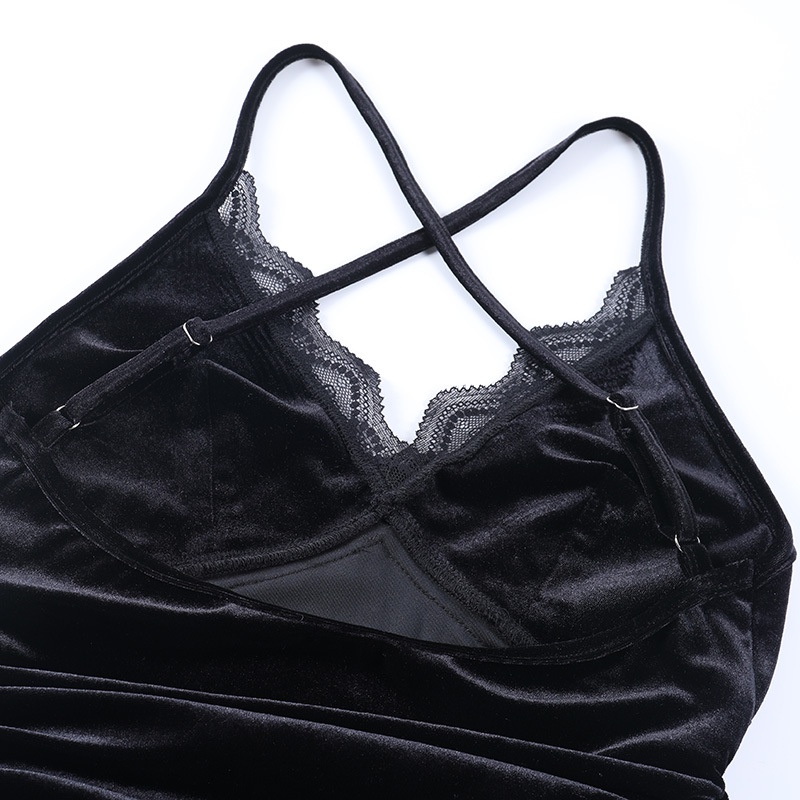 DUNEA Đầm Nhung Cổ Chữ V Phối Ren Quyến Rũ Thời Trang Dành Cho Nữ