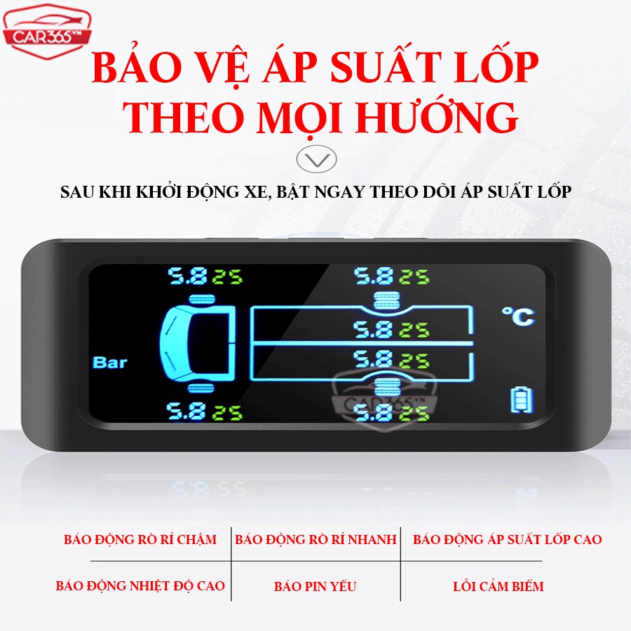 Cảm biến áp suất lốp 6 bánh cho xe tải, xe khách với pin mặt trời và màn hình LCD cao cấp CHÍNH HÃNG CAR365 - CAR34