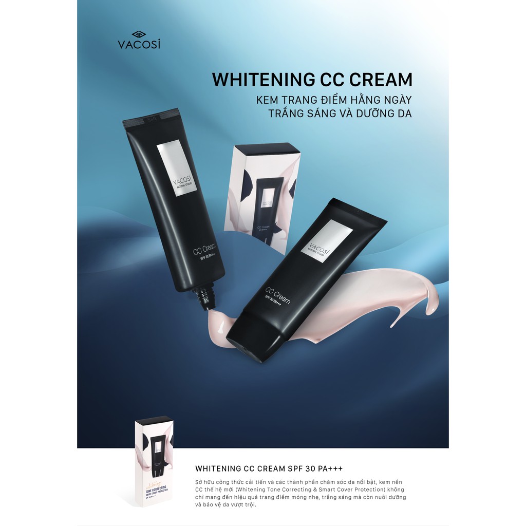 Kem Nền CC Sáng Da Và Hiệu Chỉnh Màu Vacosi Whitening CC Cream SPF 30 PA+++ 60ml + Tặng 1 bịch 3 miếng bông phấn ướt | BigBuy360 - bigbuy360.vn