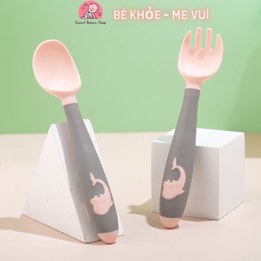 Bộ thìa nĩa uốn cong kèm hộp cho bé tập ăn