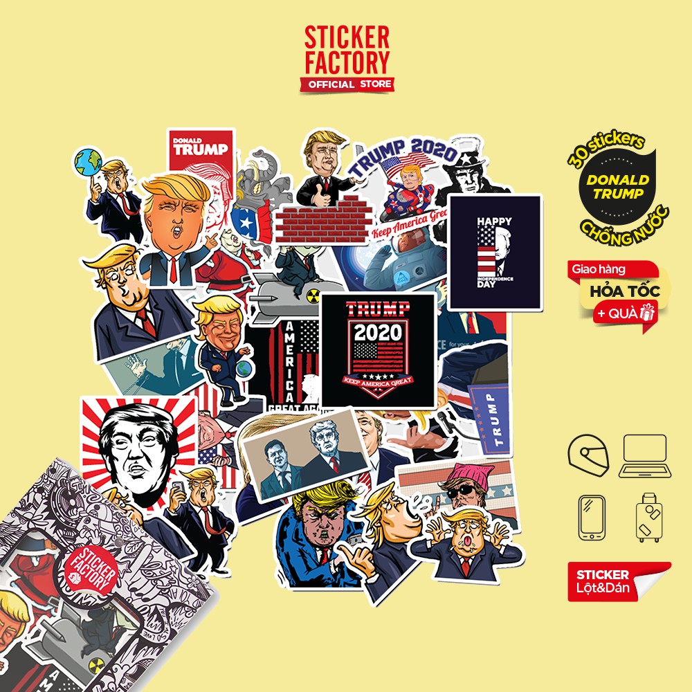 Hộp set 30 sticker decal hình dán nón bảo hiểm , laptop, xe máy, ô tô STICKER FACTORY - Donald Trump