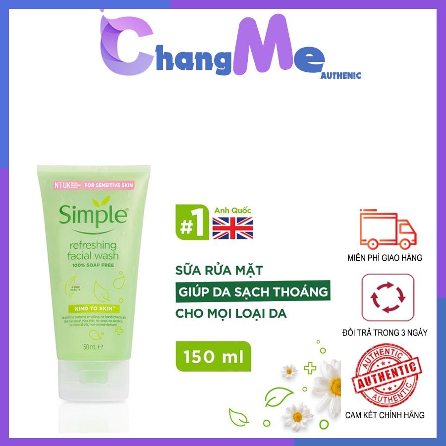 Sữa rửa mặt 💖FREE SHIP💖 Simple giúp da sạch thoáng & không chứa xà phòng 150ml