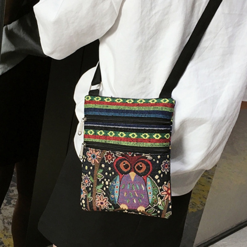 Túi Đeo Chéo Vải Canvas In Họa Tiết Chim Cú Phong Cách Bohemian Cổ Điển Thời Trang Cho Nữ