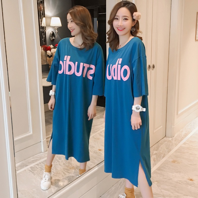 Đầm thun suông chất liệu cotton dáng dài màu xanh có ảnh thật | BigBuy360 - bigbuy360.vn