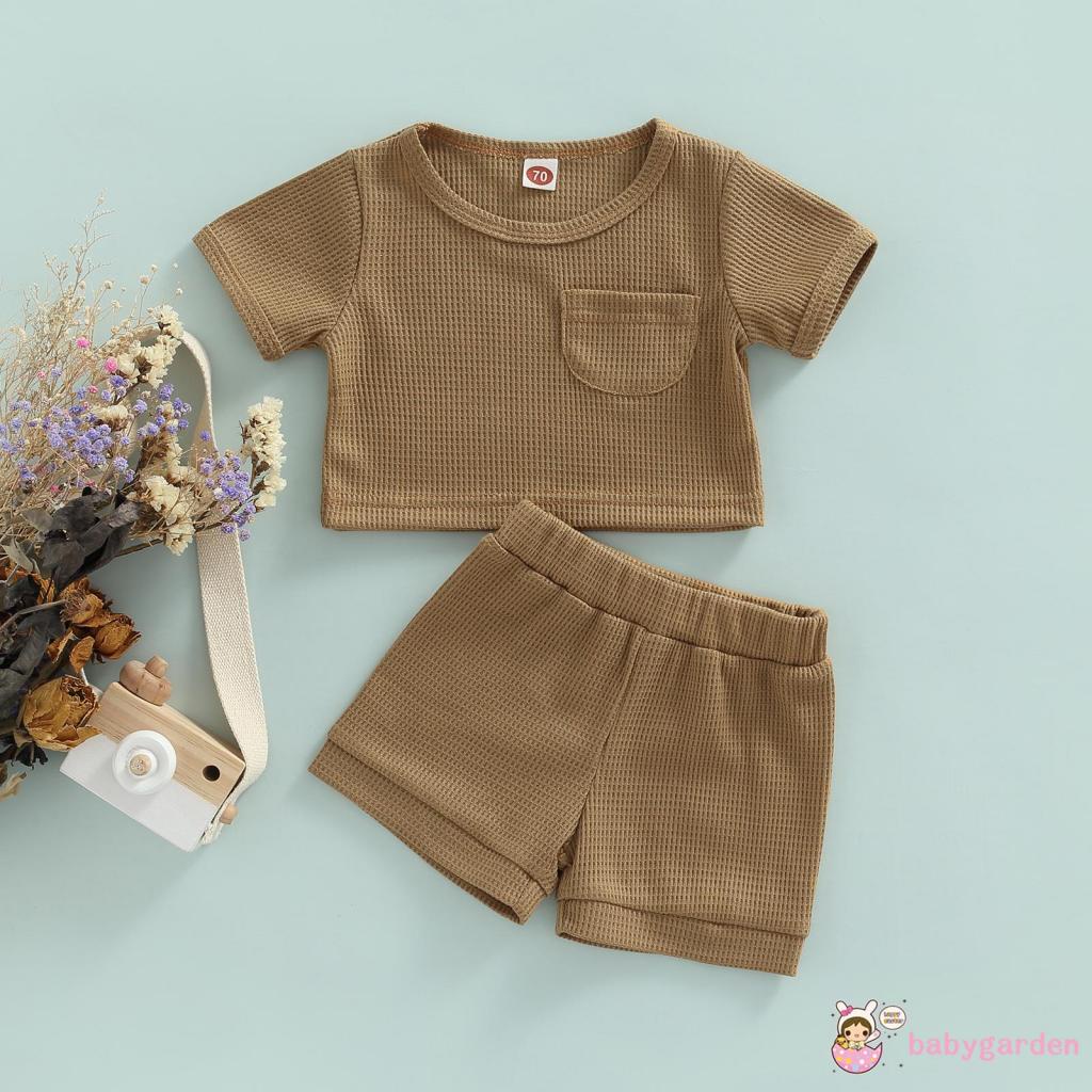Bộ Áo Tay Ngắn Cổ Tròn + Quần Short Dây Rút Màu Trơn Thời Trang Mùa Hè Dành Cho Bé Trai 0-24 Tháng