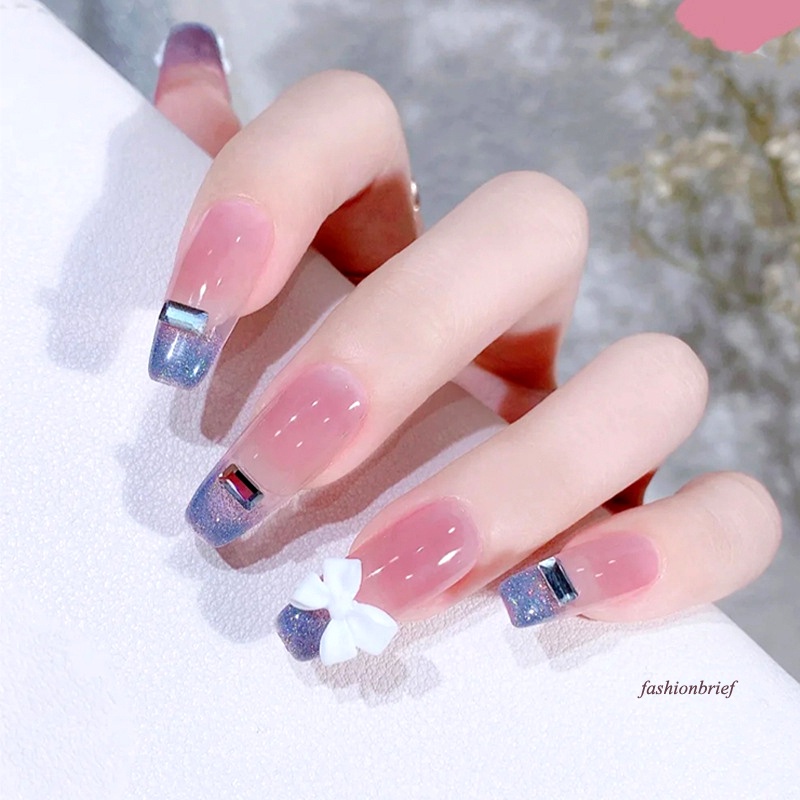 Bộ 24 móng tay giả dáng dài đính đá hình nơ dễ thương cho nữ
