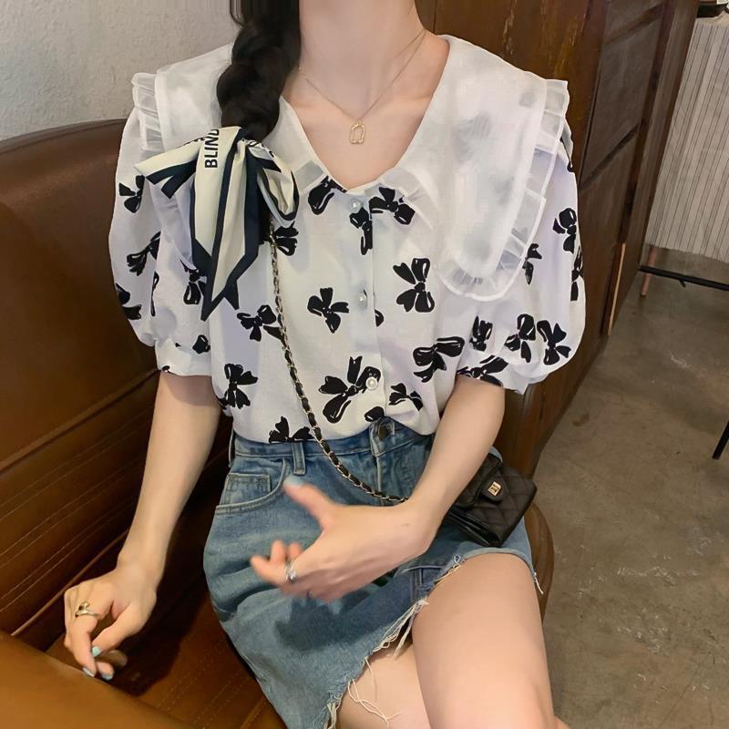 Áo Sơ Mi Tay Ngắn Cổ Búp Bê Phối Lưới Thắt Nơ Phong Cách Pháp Thời Trang Mùa Hè Mới Cho Bé Gái