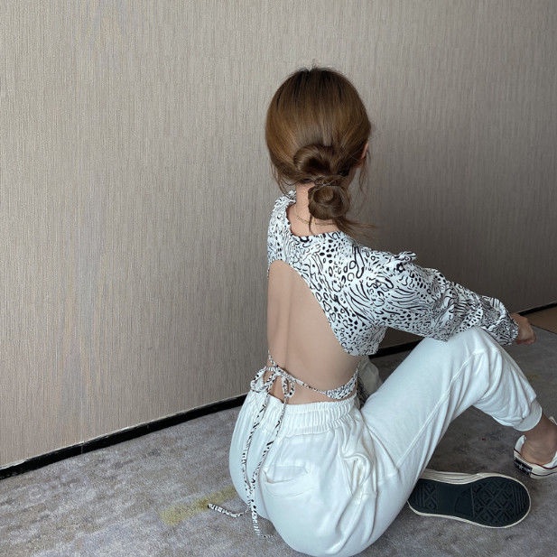 COZOK Áo Sơ Mi Tay Dài Cổ Chữ V Hở Lưng Họa Tiết Da Báo Quyến Rũ Hợp Thời Trang