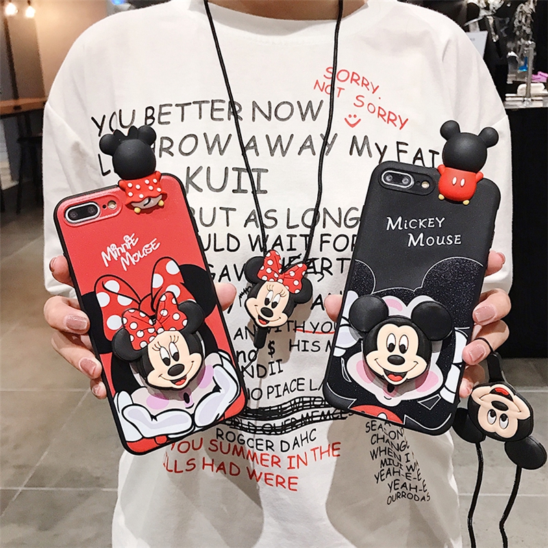 Disney Casing Samsung Galaxy Note 10 Plus 9 8 S10 S9 S8 Plus S7edge Cute Minnie Mickey Lanyard Soft Case