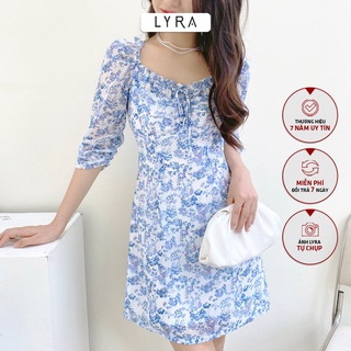 Váy hoa nhí nữ cổ vuông tim thiết kế by LYRA, vải voan dáng xòe buộc nơ trước họa tiết hoa ngọt ngào-LYTVD659