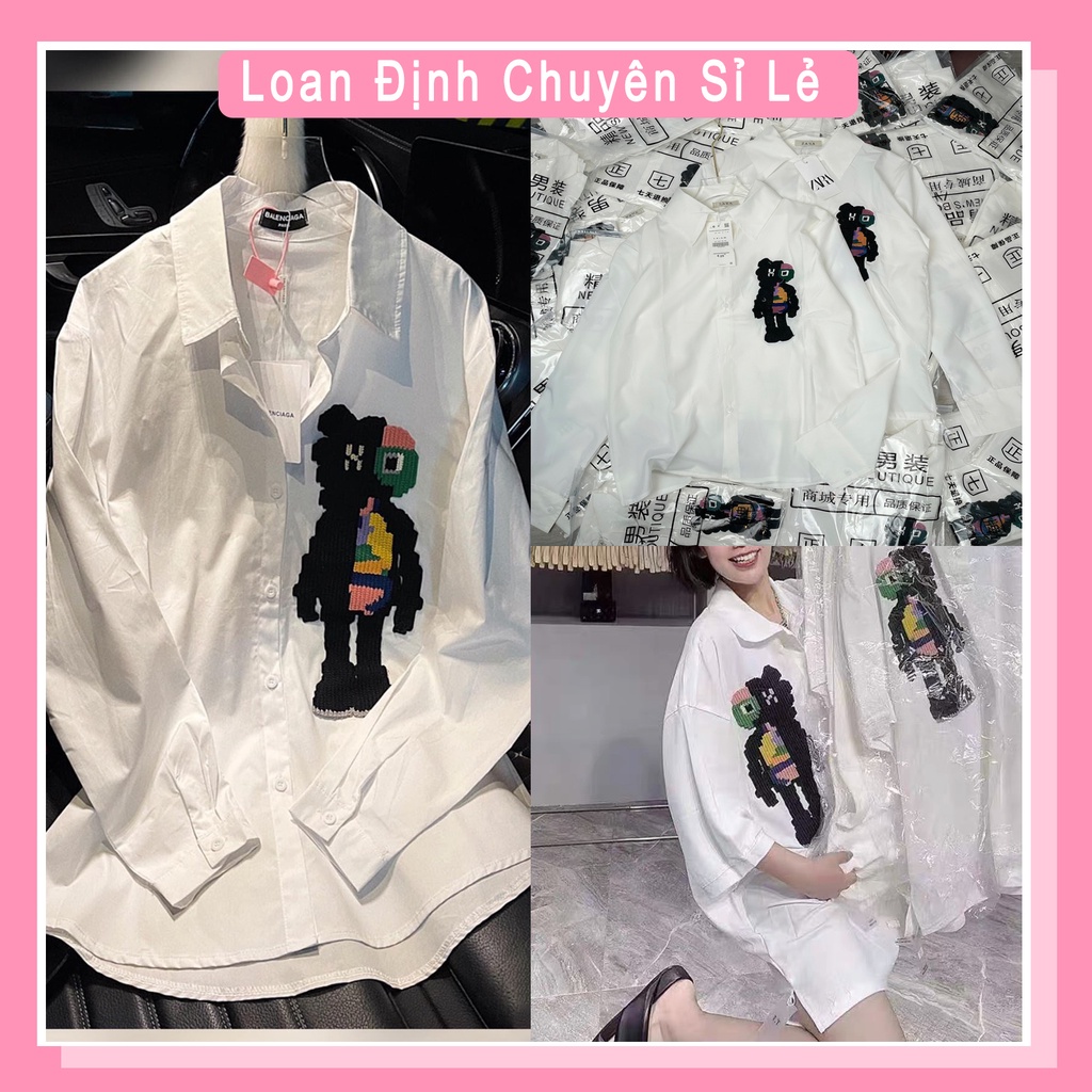 Áo sơ mi form rộng hoạt hình thêu KAWS 7 màu áo sơ mi trắng nữ TH001