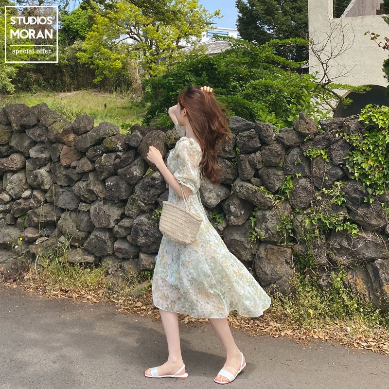 Váy MORAN voan hoa xanh cổ vuông nhẹ nhàng tiểu thư sang trọng kiểu Pháp xòe dài